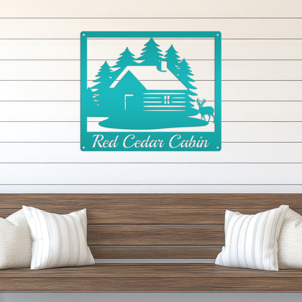 Personalized Cabin with Deer Welcome Metal Sign
