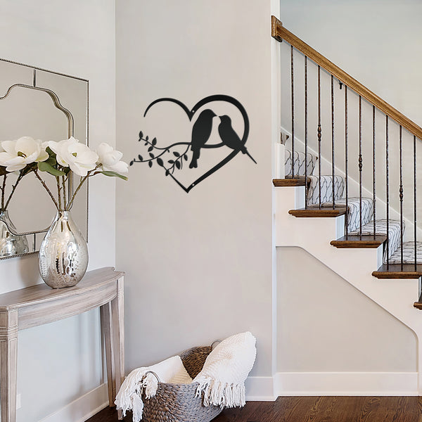 Love Birds on Tree Branch -  Heart Frame Metal Sign - Indoor Outdoor -Garden Sign