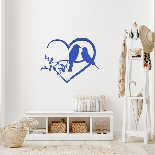 Love Birds on Tree Branch -  Heart Frame Metal Sign - Indoor Outdoor -Garden Sign