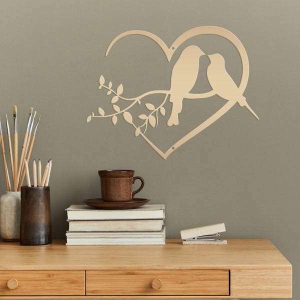 Love Birds on Tree Branch -  Heart Frame Metal Sign - Indoor Outdoor -Garden Sign