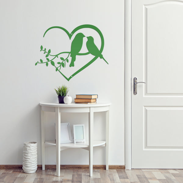 Love Birds on Tree Branch -  Heart Frame Metal Sign - Indoor Outdoor -Garden Sign