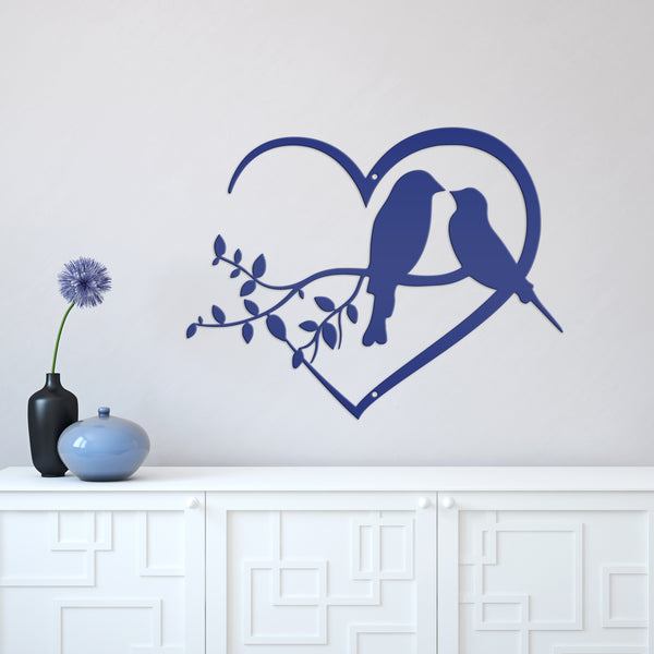 Love Birds on Tree Branch -  Heart Frame Metal Sign - Indoor Outdoor -Garden Sign