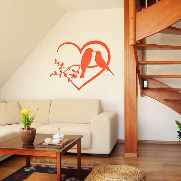 Love Birds on Tree Branch -  Heart Frame Metal Sign - Indoor Outdoor -Garden Sign