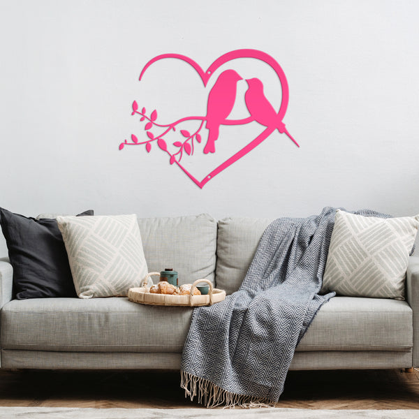 Love Birds on Tree Branch -  Heart Frame Metal Sign - Indoor Outdoor -Garden Sign