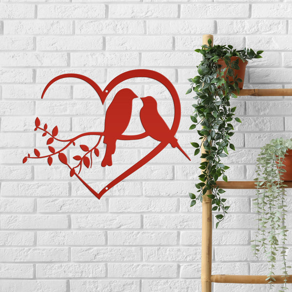 Love Birds on Tree Branch -  Heart Frame Metal Sign - Indoor Outdoor -Garden Sign