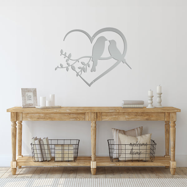 Love Birds on Tree Branch -  Heart Frame Metal Sign - Indoor Outdoor -Garden Sign