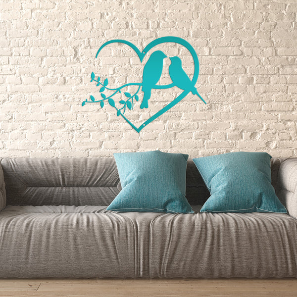 Love Birds on Tree Branch -  Heart Frame Metal Sign - Indoor Outdoor -Garden Sign
