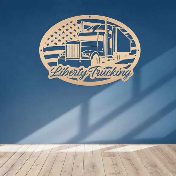 Personalized Tractor Trailer with American Flag Metal Sign, Semi Truck Sign, Tractor Trailer Truck Wall Art & Decor, Trucking Shop Custom Business Sign, Father's Day Gift Ideas