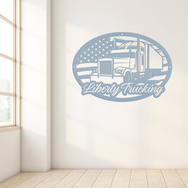 Personalized Tractor Trailer with American Flag Metal Sign, Semi Truck Sign, Tractor Trailer Truck Wall Art & Decor, Trucking Shop Custom Business Sign, Father's Day Gift Ideas
