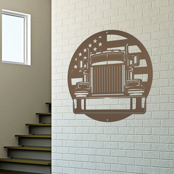 Tractor Trailer with American Flag Metal Sign, Semi Truck Metal Signs, Trucker Signs, Semi Truck Wall Art Decor, Father's Day Gift Idea, Truckers Wall Decor