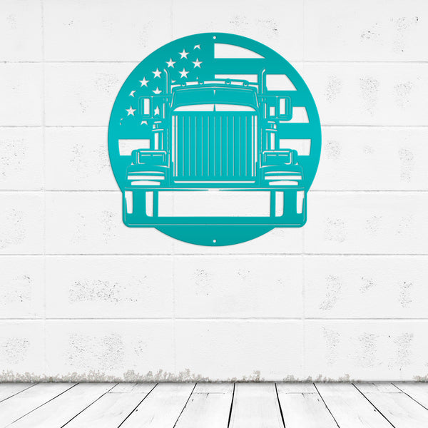 Tractor Trailer with American Flag Metal Sign, Semi Truck Metal Signs, Trucker Signs, Semi Truck Wall Art Decor, Father's Day Gift Idea, Truckers Wall Decor