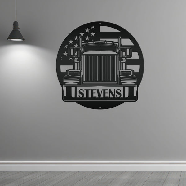 Tractor Trailer Truck with American Flag Personalized Metal Sign-Semi Truck