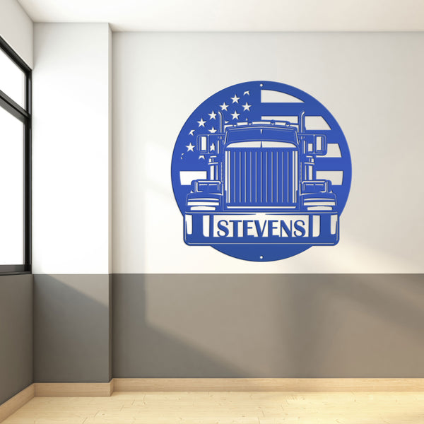 Tractor Trailer Truck with American Flag Personalized Metal Sign-Semi Truck