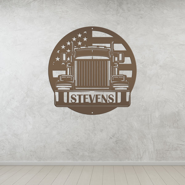 Tractor Trailer Truck with American Flag Personalized Metal Sign-Semi Truck