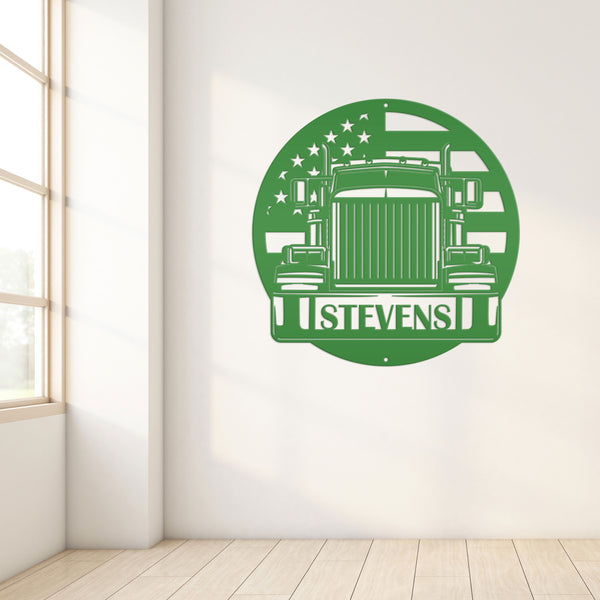 Tractor Trailer Truck with American Flag Personalized Metal Sign-Semi Truck