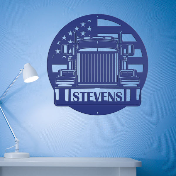 Tractor Trailer Truck with American Flag Personalized Metal Sign-Semi Truck