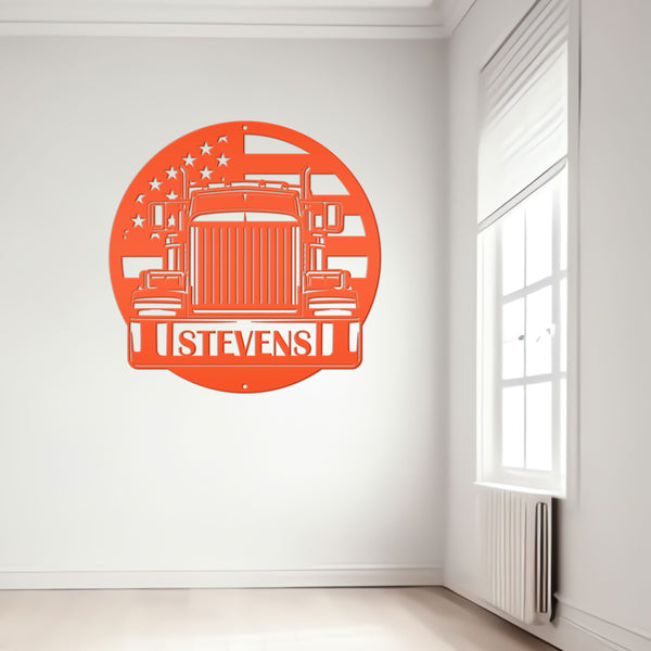 Tractor Trailer Truck with American Flag Personalized Metal Sign-Semi Truck