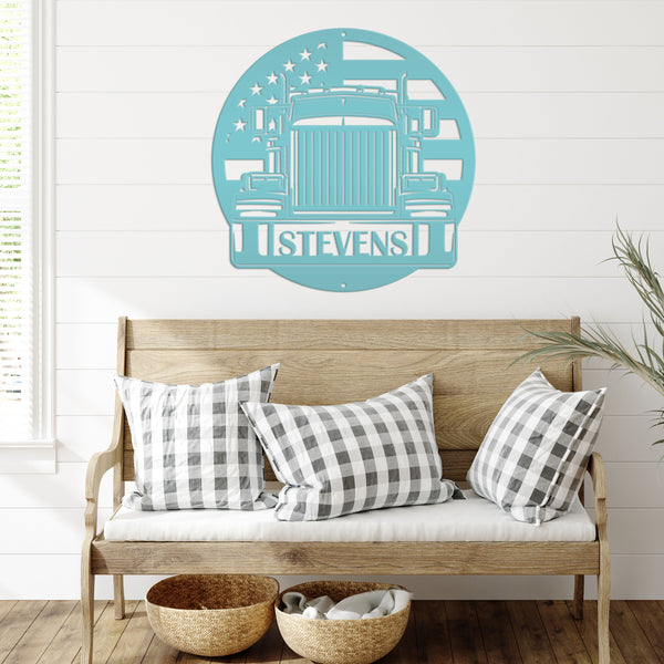 Tractor Trailer Truck with American Flag Personalized Metal Sign-Semi Truck