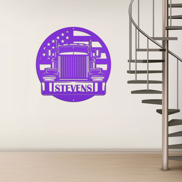 Tractor Trailer Truck with American Flag Personalized Metal Sign-Semi Truck