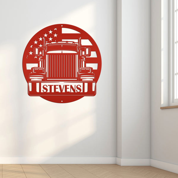 Tractor Trailer Truck with American Flag Personalized Metal Sign-Semi Truck