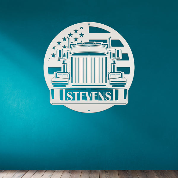 Tractor Trailer Truck with American Flag Personalized Metal Sign-Semi Truck