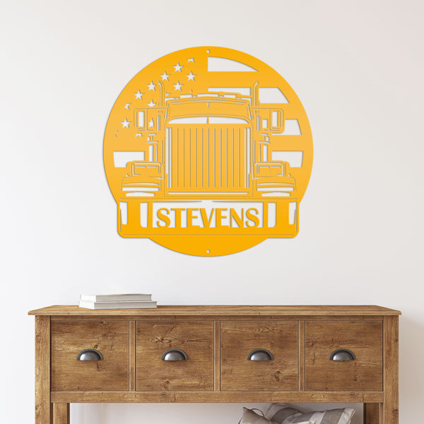 Tractor Trailer Truck with American Flag Personalized Metal Sign-Semi Truck