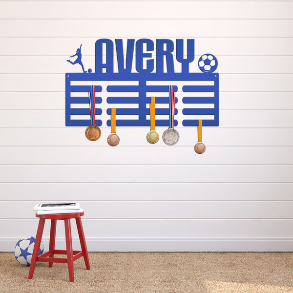 Personalized Soccer Medals Holder - Senior Gift-Metal Holder for Medals-Kids Bedroom Decor-Medal Holder-Ribbons-Pesonalized Medal Display for Bedroom-Custom Medal Holder for Awards-Medal Hanger-Sports Bedroom Decor