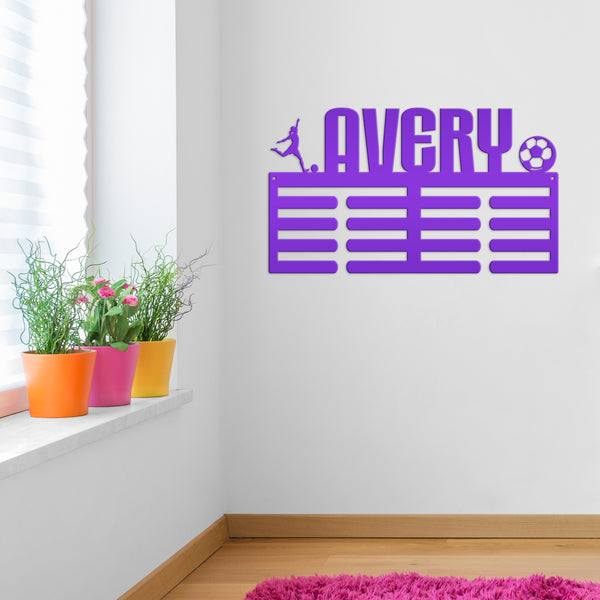 Personalized Soccer Medals Holder - Senior Gift-Metal Holder for Medals-Kids Bedroom Decor-Medal Holder-Ribbons-Pesonalized Medal Display for Bedroom-Custom Medal Holder for Awards-Medal Hanger-Sports Bedroom Decor