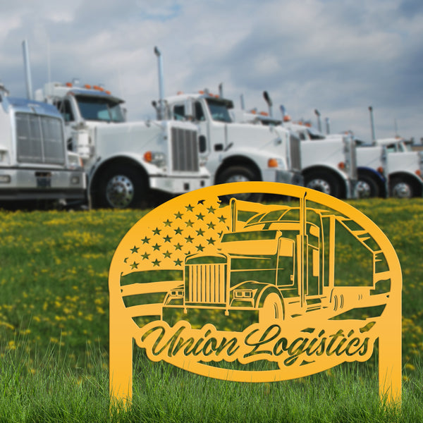 Tractor Trailer with American Flag Metal Yard Stake - Semi Truck-Trucking Company-Business
