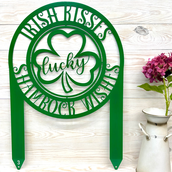 Outdoor Irish Kisses Metal Yard Stake - Outdoor St. Patrick's Day Decor-St. Patrick's Day Decor-St. Pattys Outdoor Decor