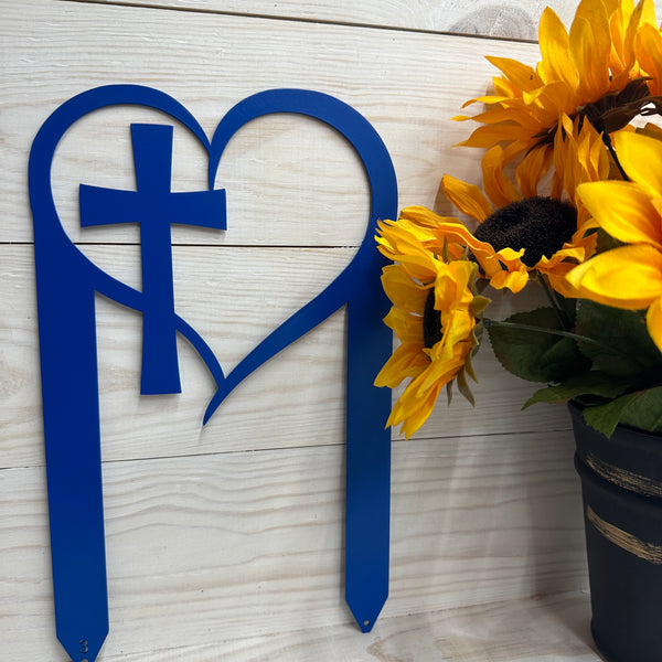 Outdoor Christian Heart Cross Metal Yard Stake - Valentine Decor-Heart Shaped Outdoor Decor-Valentines Garden Decor