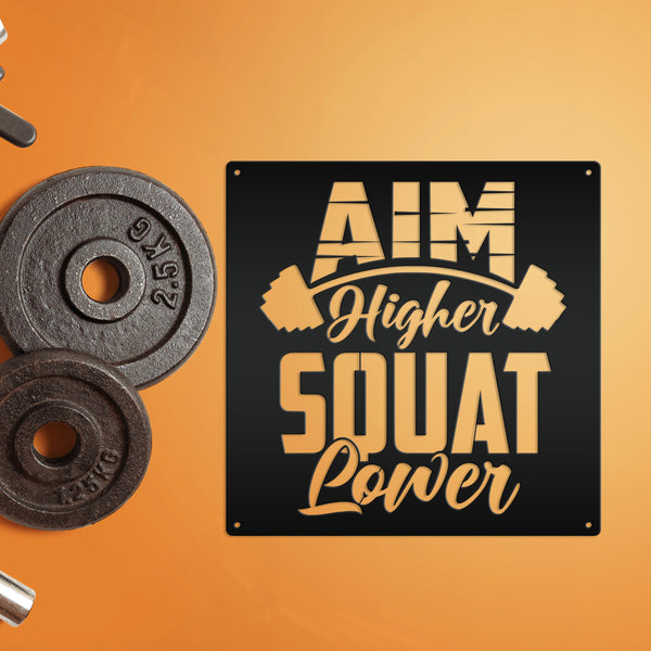 Aim Higher Squat Lower Gym Motivational Metal Sign-Gym Signs-Fitness Room Signs-Funny Fitness Room-Workout Room Signs-Weight Room Signs