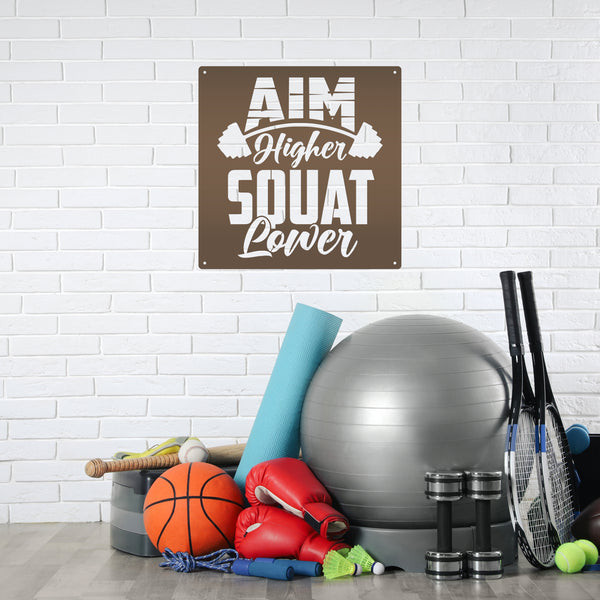 Aim Higher Squat Lower Gym Motivational Metal Sign-Gym Signs-Fitness Room Signs-Funny Fitness Room-Workout Room Signs-Weight Room Signs