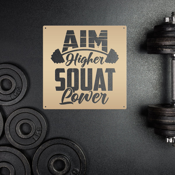 Aim Higher Squat Lower Gym Motivational Metal Sign-Gym Signs-Fitness Room Signs-Funny Fitness Room-Workout Room Signs-Weight Room Signs