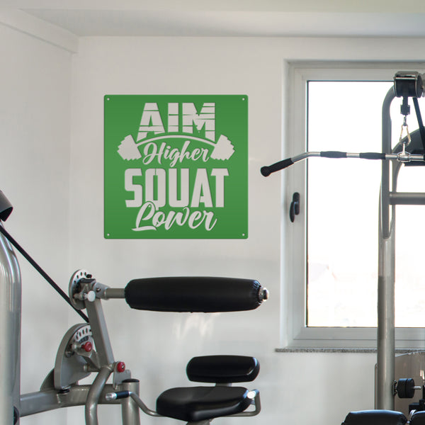 Aim Higher Squat Lower Gym Motivational Metal Sign-Gym Signs-Fitness Room Signs-Funny Fitness Room-Workout Room Signs-Weight Room Signs