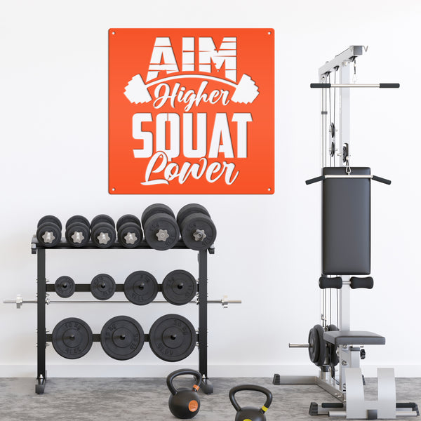 Aim Higher Squat Lower Gym Motivational Metal Sign-Gym Signs-Fitness Room Signs-Funny Fitness Room-Workout Room Signs-Weight Room Signs