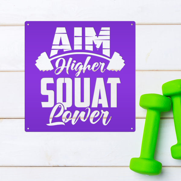 Aim Higher Squat Lower Gym Motivational Metal Sign-Gym Signs-Fitness Room Signs-Funny Fitness Room-Workout Room Signs-Weight Room Signs