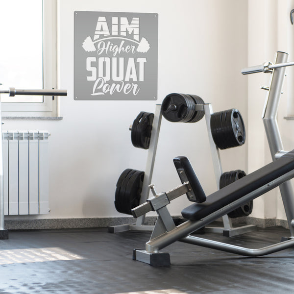 Aim Higher Squat Lower Gym Motivational Metal Sign-Gym Signs-Fitness Room Signs-Funny Fitness Room-Workout Room Signs-Weight Room Signs