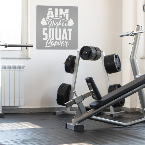 Aim Higher Squat Lower Gym Motivational Metal Sign-Gym Signs-Fitness Room Signs-Funny Fitness Room-Workout Room Signs-Weight Room Signs
