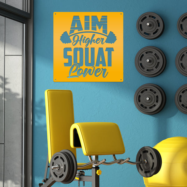 Aim Higher Squat Lower Gym Motivational Metal Sign-Gym Signs-Fitness Room Signs-Funny Fitness Room-Workout Room Signs-Weight Room Signs