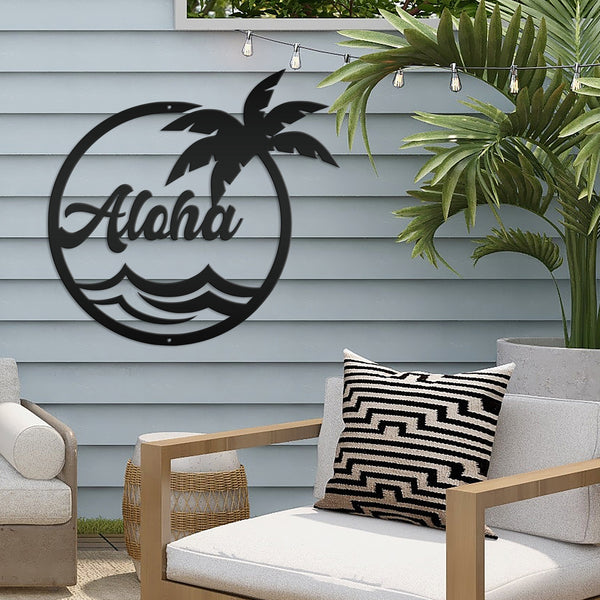 Aloha Palm Tree Round Metal Sign-Beach-Pool Metal Sign