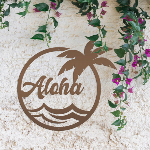 Aloha Palm Tree Round Metal Sign-Beach-Pool Metal Sign