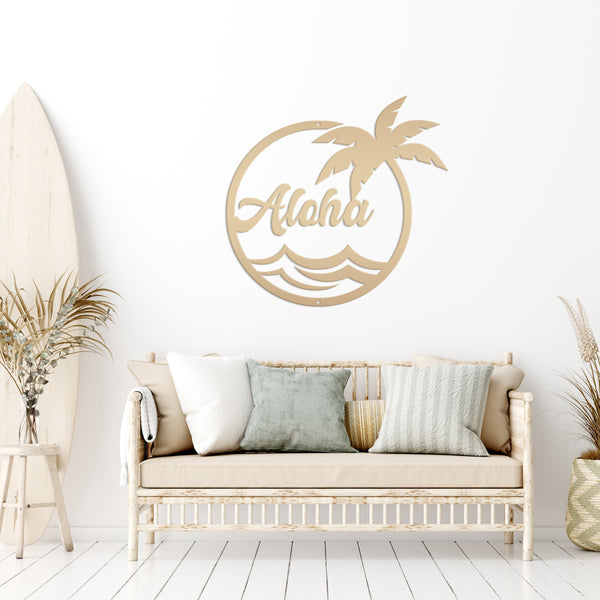 Aloha Palm Tree Round Metal Sign-Beach-Pool Metal Sign