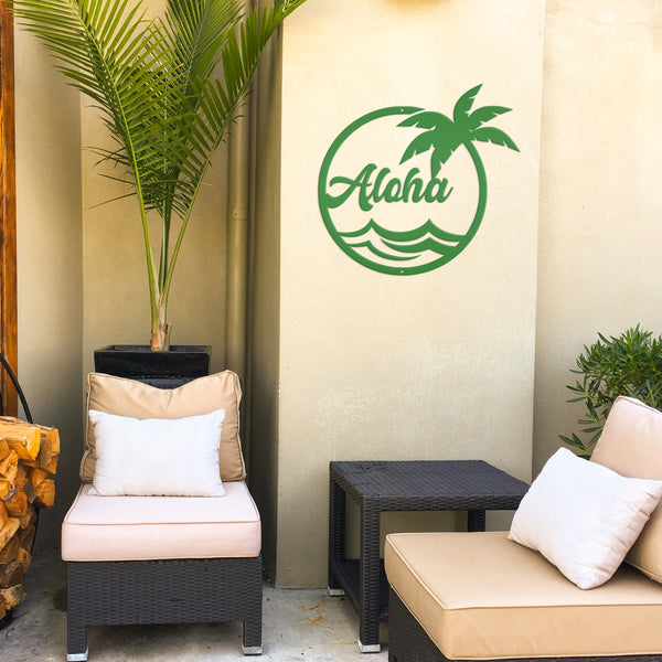 Aloha Palm Tree Round Metal Sign-Beach-Pool Metal Sign