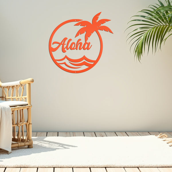Aloha Palm Tree Round Metal Sign-Beach-Pool Metal Sign