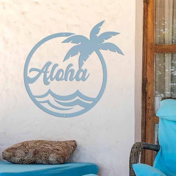 Aloha Palm Tree Round Metal Sign-Beach-Pool Metal Sign