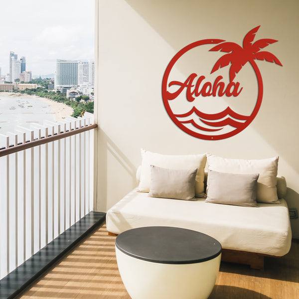 Aloha Palm Tree Round Metal Sign-Beach-Pool Metal Sign