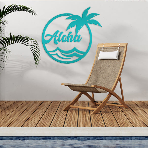 Aloha Palm Tree Round Metal Sign-Beach-Pool Metal Sign