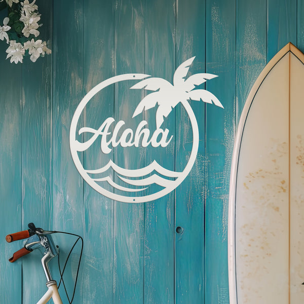 Aloha Palm Tree Round Metal Sign-Beach-Pool Metal Sign