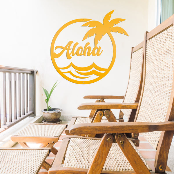 Aloha Palm Tree Round Metal Sign-Beach-Pool Metal Sign